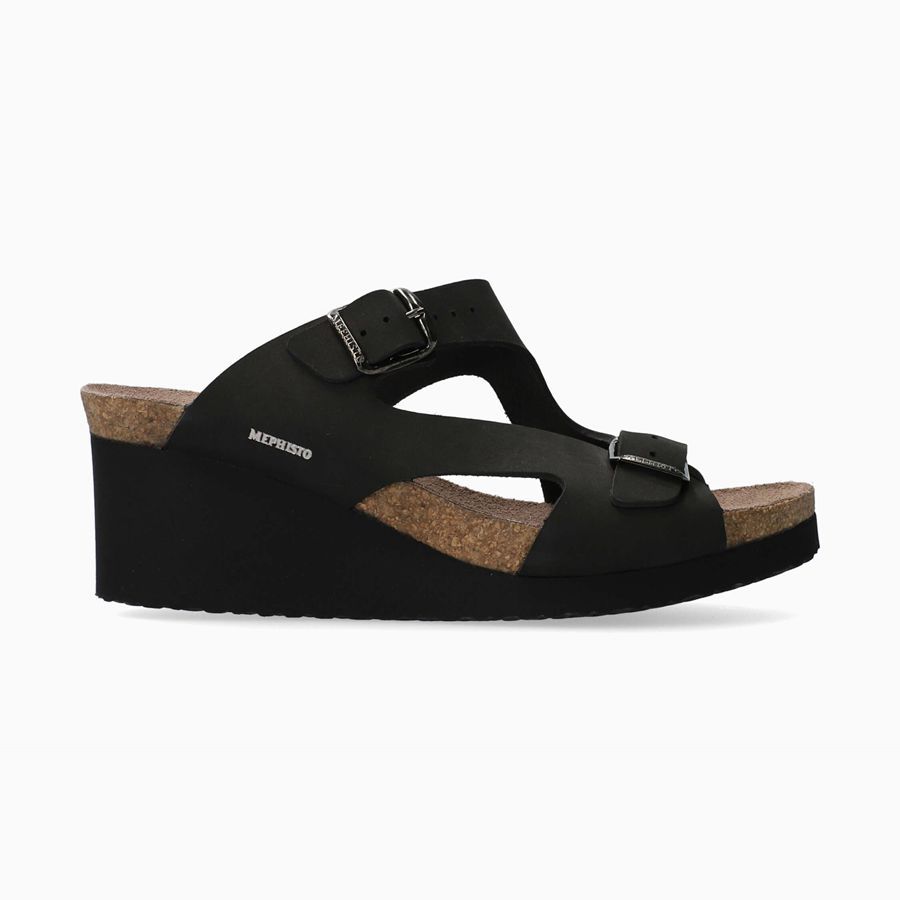 Mephisto TERIE Nubuck Női Wedge Szandál - Fekete, HU-87602